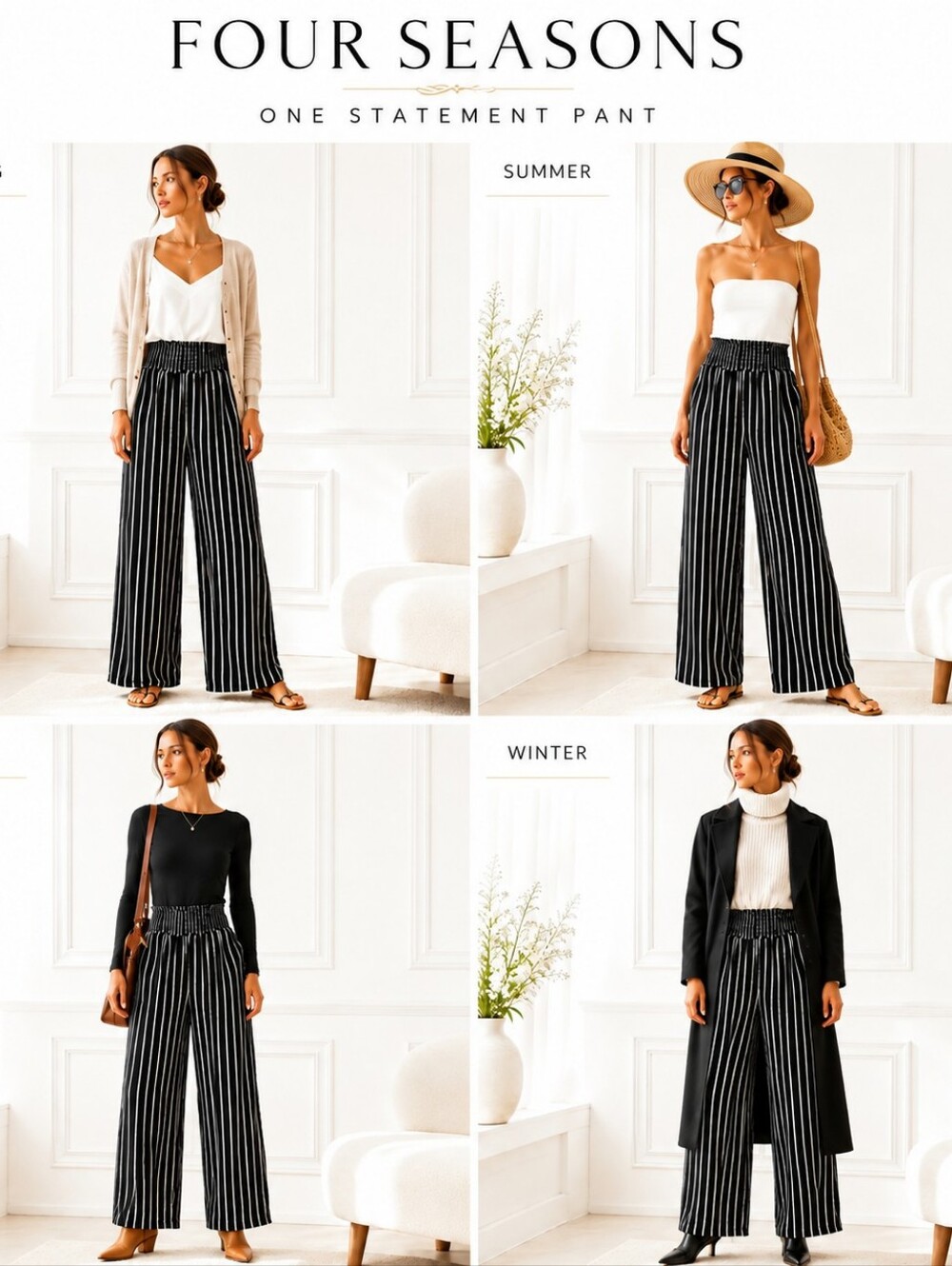 NWT One 5 One Black White Stripe Wide Leg Smocked Waist Pants Size XL - Picture 3 of 11